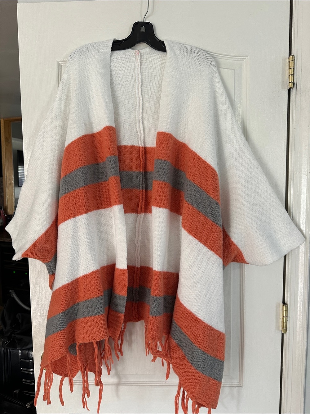 Cozy White and Orange Striped Open-Front Women’s Sweater Poncho